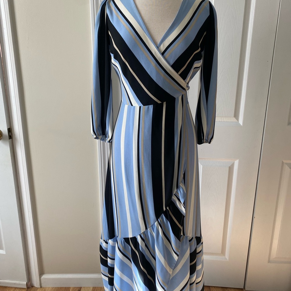 Striped Blue Wrap Midi Dress - Women's
